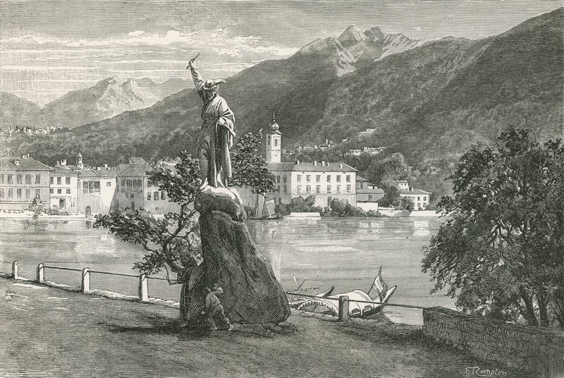 Lugano, med statuen av Tell av Vela av Swiss School