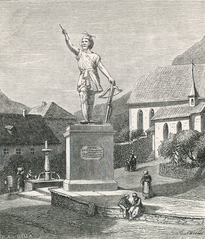 Statue av Tell på Altorf, nær stedet der han sies å ha skutt eplet fra sønnens hode av Swiss School