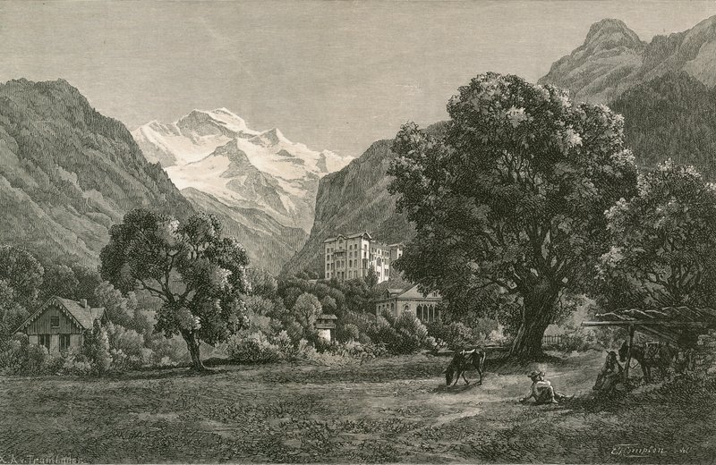 Jungfrau, og åpningen av Lauterbrunnen-dalen, fra nær Interlaken av Swiss School
