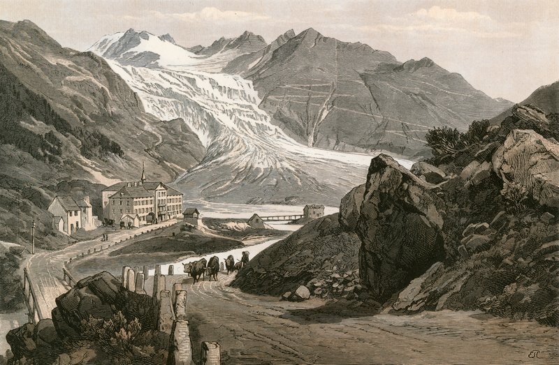 Den nedre delen av Rhônebreen og veien til Furka av Swiss School