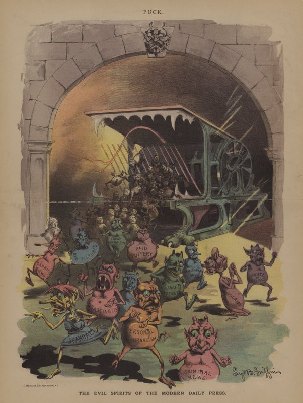 The Evil Spirits of the Modern Daily Press (farge litho) av Sydney B. Griffin