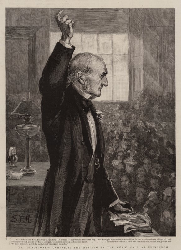 Mr Gladstones kampanje, møtet i Music Hall i Edinburgh (gravering) av Sydney Prior (after) Hall