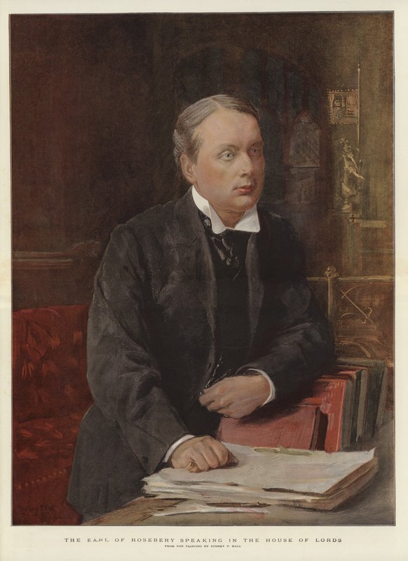 Jarlen av Rosebery taler i House of Lords (farge litho) av Sydney Prior (after) Hall