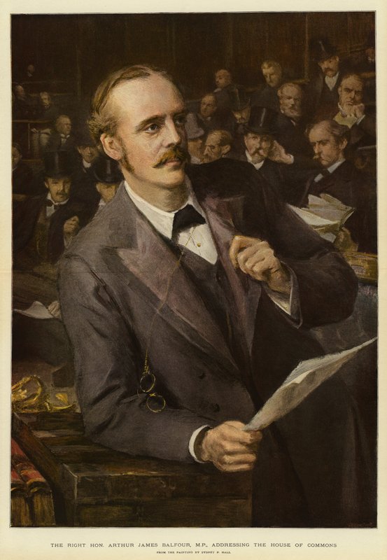 Høyre ærede Arthur James Balfour, MP, henvender seg til Underhuset (farge litho) av Sydney Prior (after) Hall
