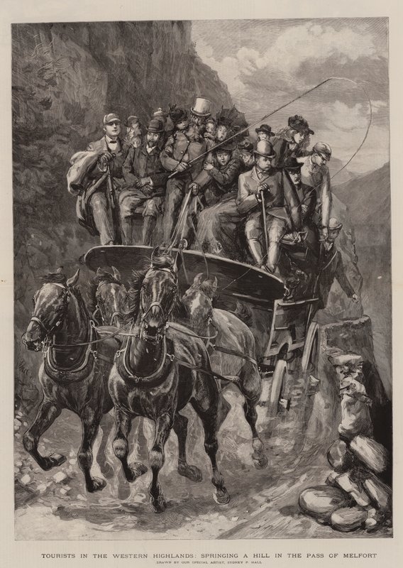 Turister i det vestlige høylandet, springer en høyde i passet Melfort (gravering) av Sydney Prior (after) Hall