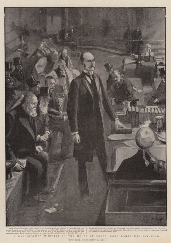 En hardtarbeidet minister i House of Lords, Lord Lansdowne taler av Sydney Prior Hall
