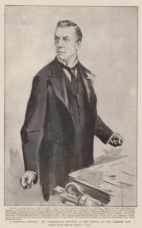 Et personlig forsvar, Mr Chamberlain som svarer i debatten om Jameson Raid av Sydney Prior Hall