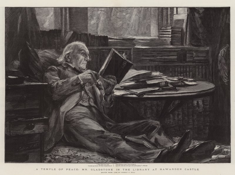 Et fredens tempel, Mr Gladstone i biblioteket på Hawarden Castle av Sydney Prior Hall