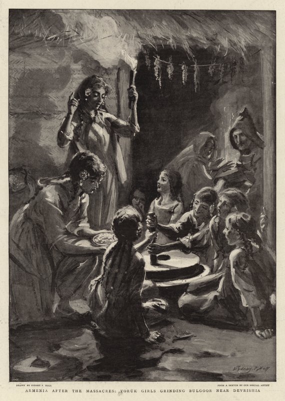 Armenia etter massakrene, Yoruk Girls sliping Bulgoor nær Devrishia av Sydney Prior Hall