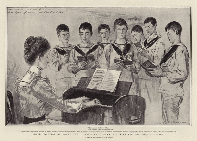 Kortrening om bord i Ophir, Lady Mary Lygon gir guttene en leksjon av Sydney Prior Hall