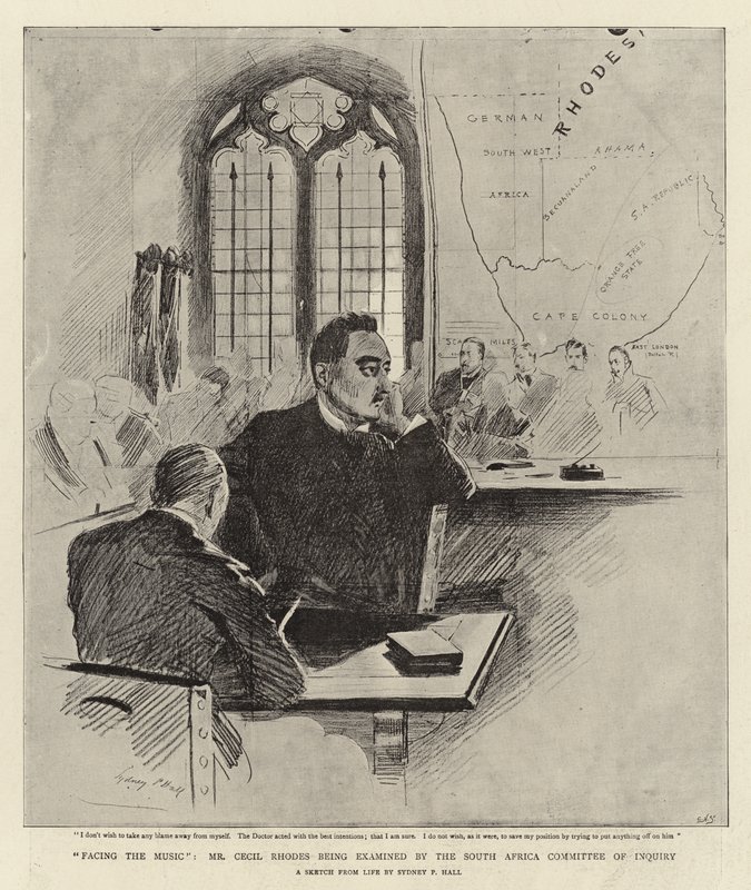 Facing the Music blir Mr. Cecil Rhodes undersøkt av South Africa Commitee of Inquiry av Sydney Prior Hall