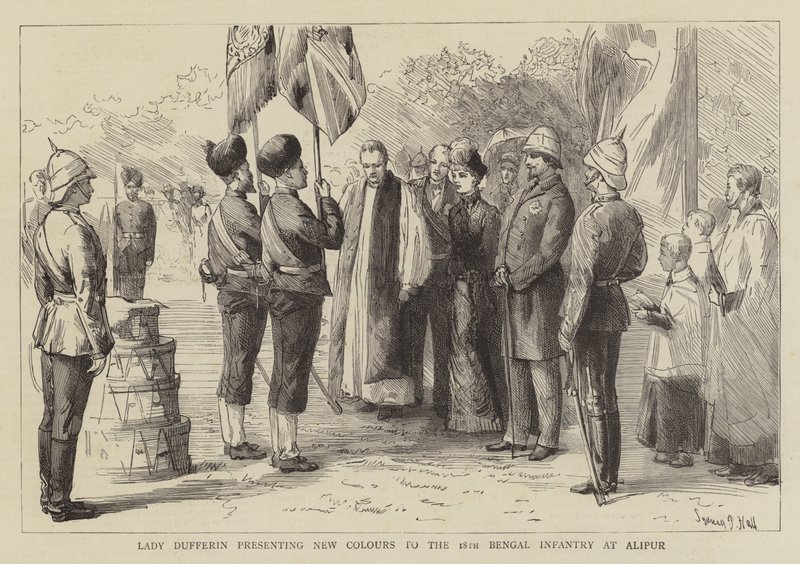 Lady Dufferin presenterer nye farger for det 18. bengalske infanteriet på Alipur av Sydney Prior Hall