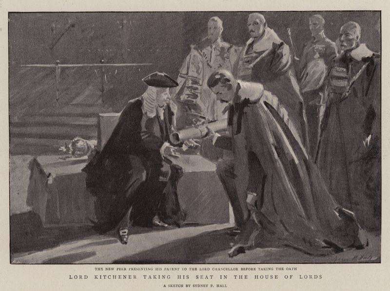Lord Kitchener tar plass i House of Lords av Sydney Prior Hall