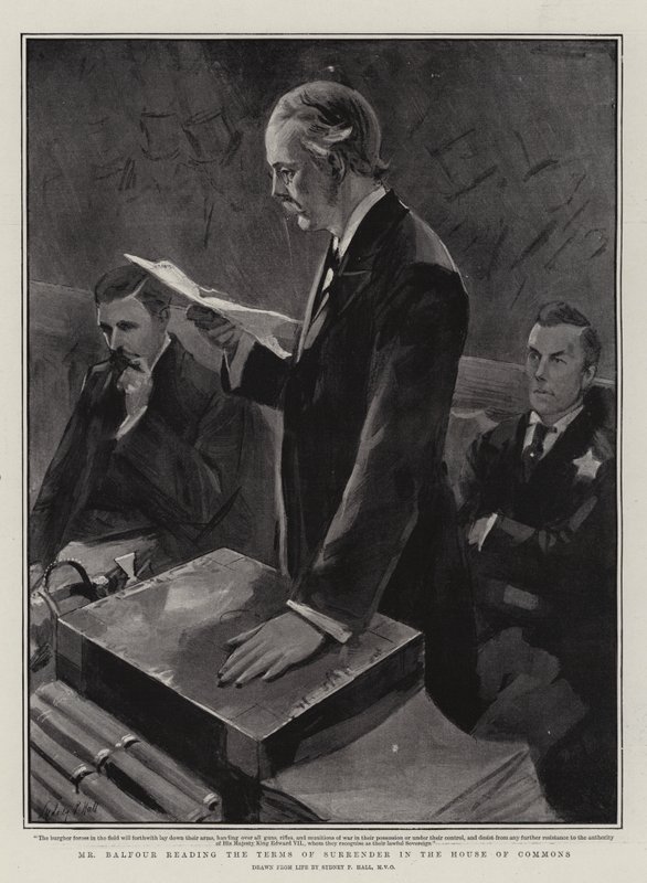 Herr Balfour leser vilkårene for overgivelse i Underhuset av Sydney Prior Hall