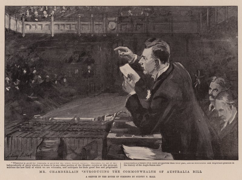 Mr Chamberlain introduserer Commonwealth of Australia Bill av Sydney Prior Hall