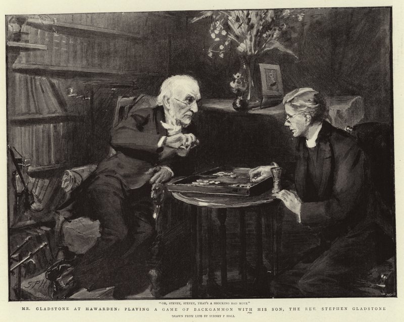 Mr Gladstone på Hawarden, spiller et spill med backgammon med sin sønn, pastor Stephen Gladstone av Sydney Prior Hall
