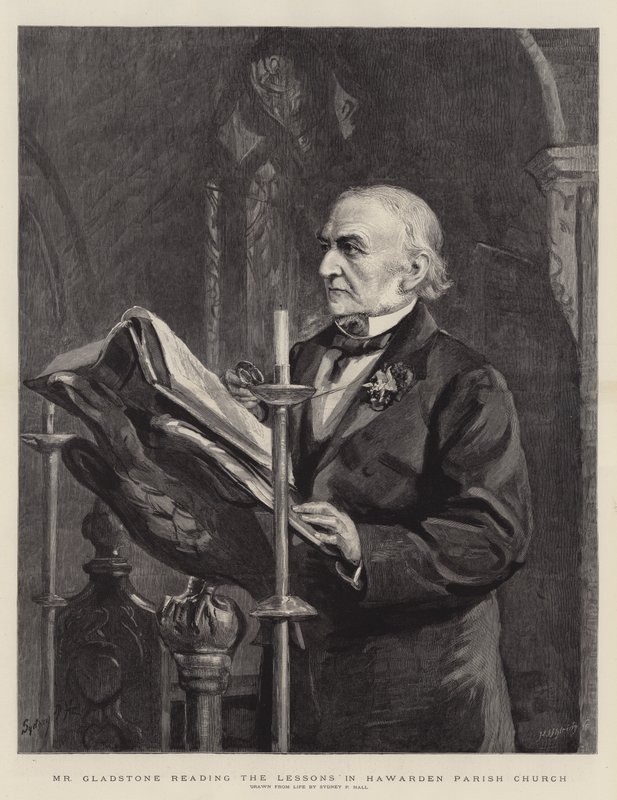 Mr Gladstone leser leksjonene i Hawarden Parish Church av Sydney Prior Hall