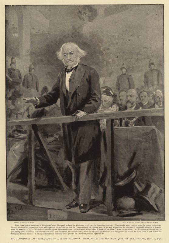 Mr Gladstones siste opptreden på en offentlig plattform, taler om det armenske spørsmålet i Liverpool, 24. september 1896 av Sydney Prior Hall