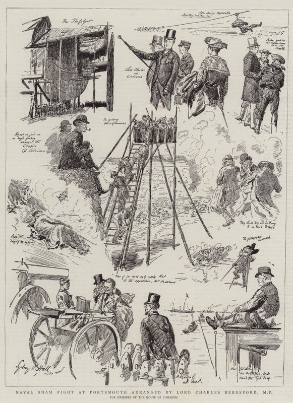 Naval Sham Fight i Portsmouth arrangert av Lord Charles Beresford, MP av Sydney Prior Hall