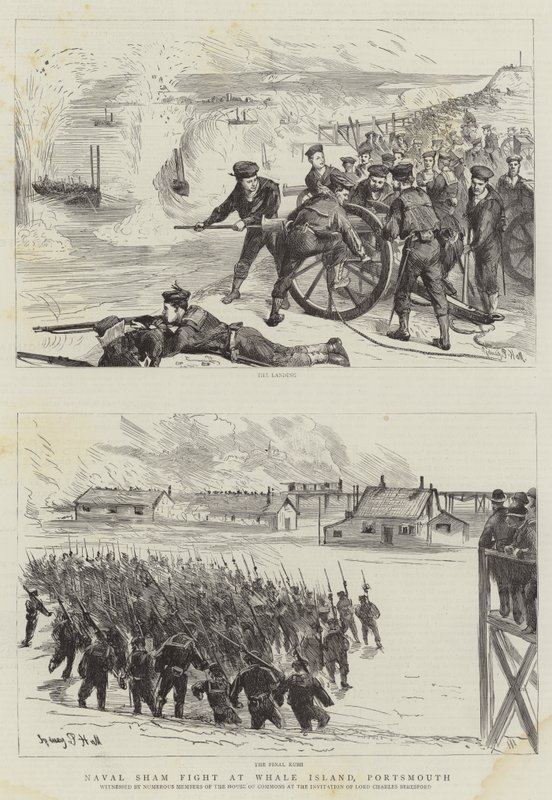 Naval Sham Fight på Whale Island, Portsmouth av Sydney Prior Hall
