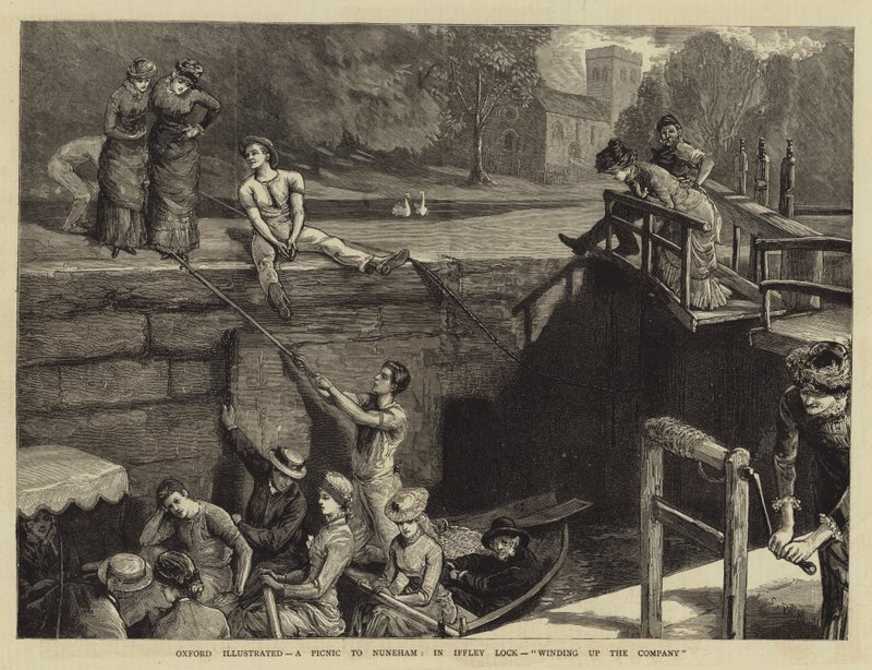 Oxford Illustrated, en piknik til Nuneham, i Iffley Lock, avvikling av selskapet av Sydney Prior Hall