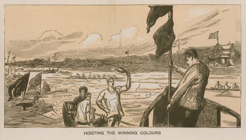Minner om et Oxford og Cambridge Boat Race: Heising av vinnerfargene av Sydney Prior Hall