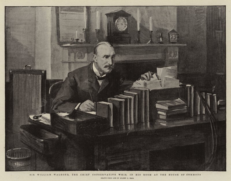 Sir William Walrond, sjefskonservative pisk, på rommet sitt i Underhuset av Sydney Prior Hall