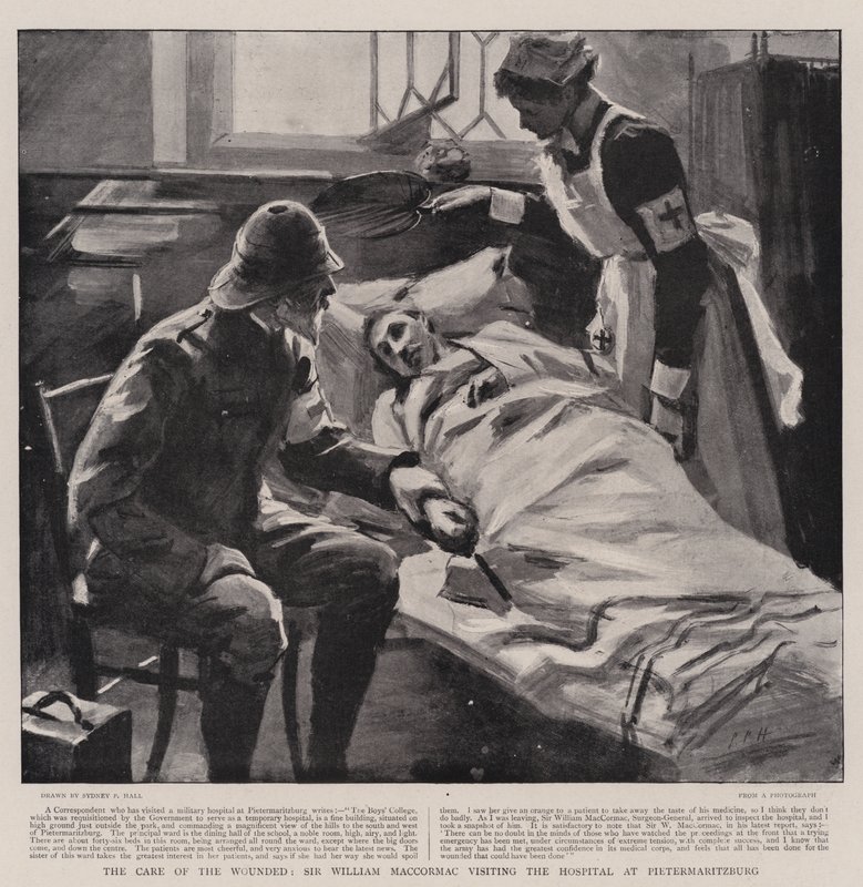 The Care of the Wounded, Sir William MacCormac besøker sykehuset i Pietermaritzburg av Sydney Prior Hall