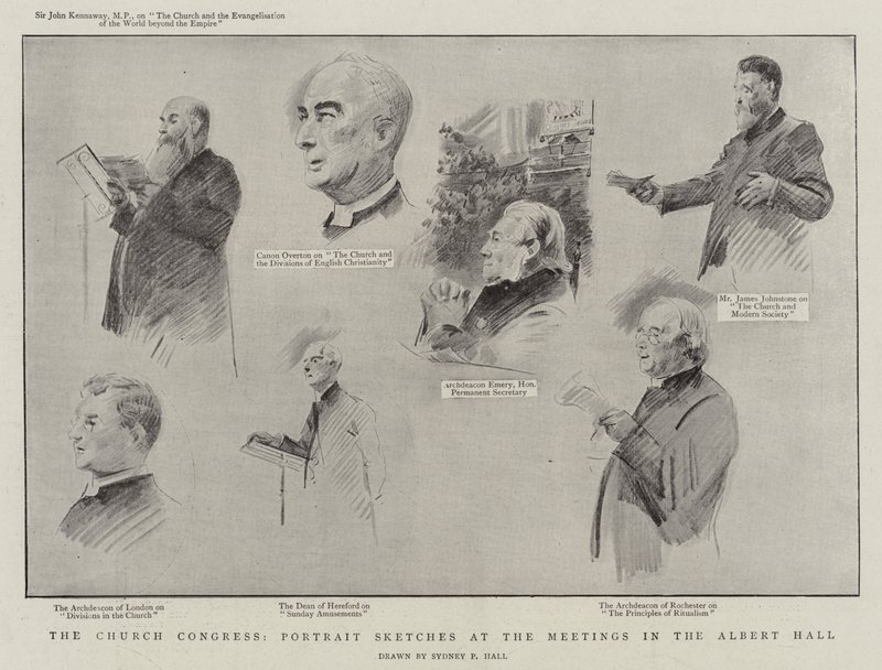Kirkekongressen, portrettskisser på møtene i Albert Hall litho av Sydney Prior Hall