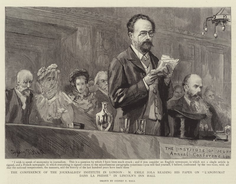 The Conference of the Journalists' Institute i London, M Emile Zola leser sitt papir om L'Anonymant dans la Presse i Lincoln's Inn Hall av Sydney Prior Hall