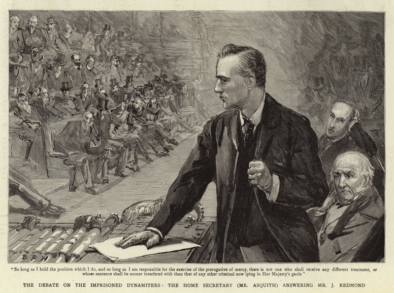Debatten om de fengslede dynamerne, innenriksministeren (Mr Asquith) svarer Mr J Redmond av Sydney Prior Hall