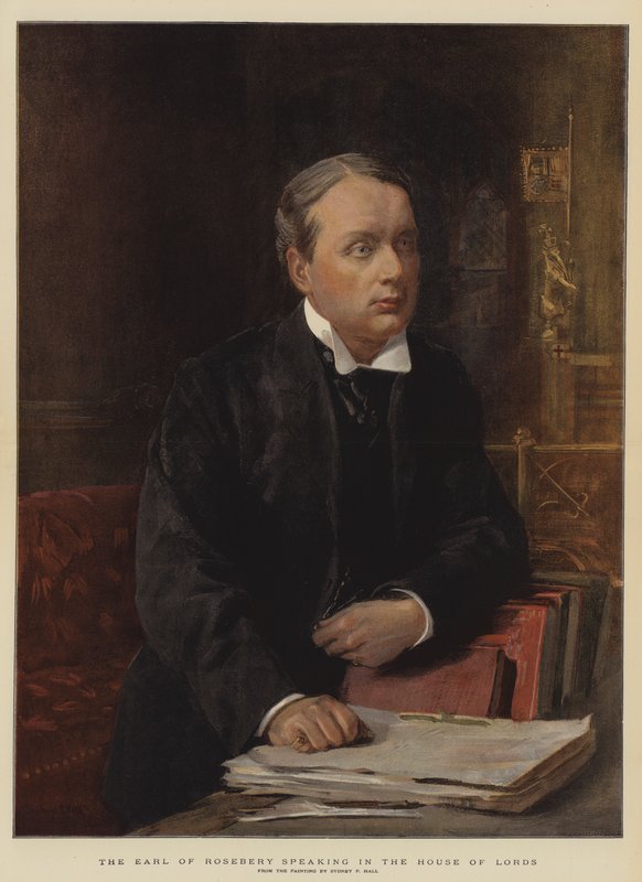 Jarlen av Rosebery taler i House of Lords (chromolitho) av Sydney Prior Hall