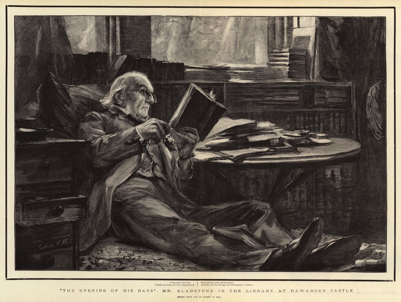 The Evening of his Days, Mr Gladstone i biblioteket på Hawarden Castle av Sydney Prior Hall
