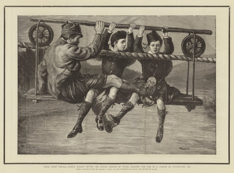 The First Voyage, prins Albert Victor og prins George av Wales krysser Dee i en vugge ved Abergeldie 1876 av Sydney Prior Hall