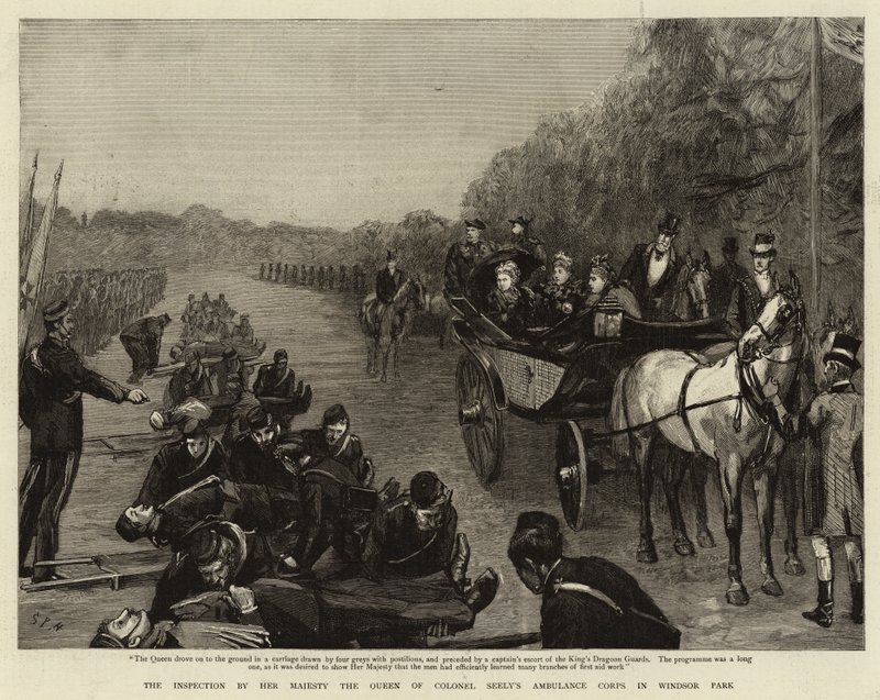 Inspeksjonen av Hennes Majestet Dronningen av oberst Seelys ambulansekorps i Windsor Park av Sydney Prior Hall