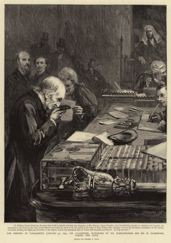 Åpningen av parlamentet 31. januar 1893, Mr Gladstone, støttet av Mr Marjoribanks og Mr H Gladstone, avla eden av Sydney Prior Hall