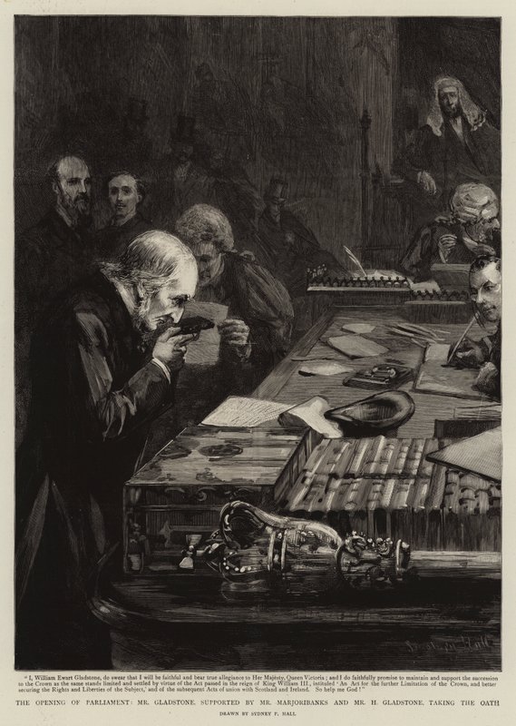 Åpningen av parlamentet, Mr Gladstone, støttet av Mr Marjoribanks og Mr H Gladstone, avla eden av Sydney Prior Hall