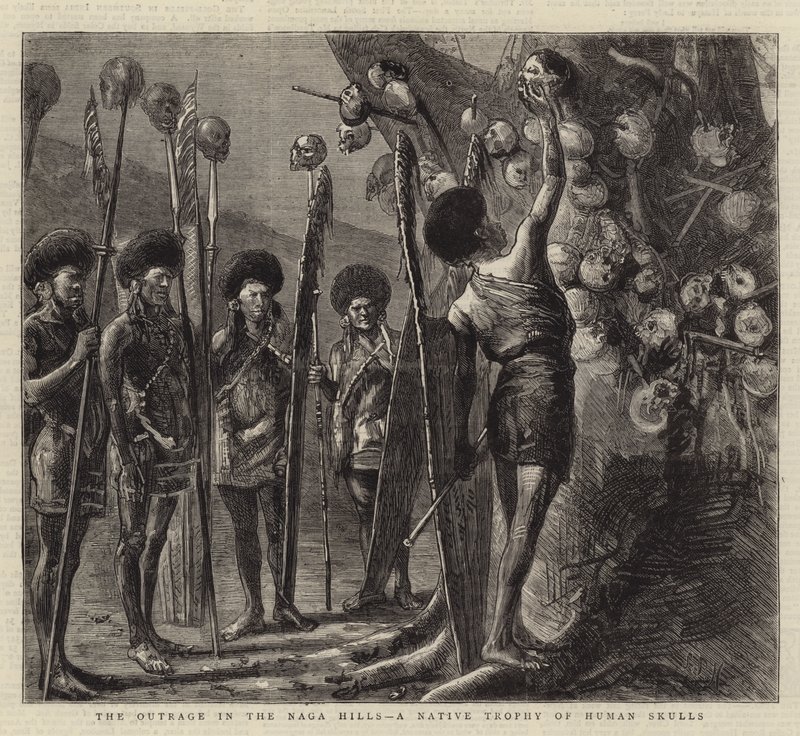 The Outrage in the Naga Hills, et innfødt trofé av menneskelige hodeskaller av Sydney Prior Hall