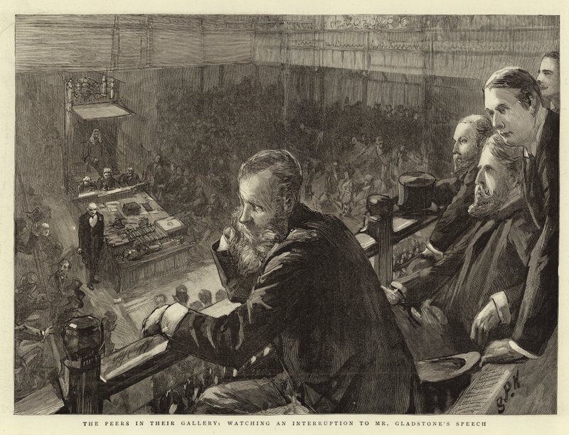 De jevnaldrende i galleriet deres, ser på et avbrudd i Mr Gladstones tale av Sydney Prior Hall
