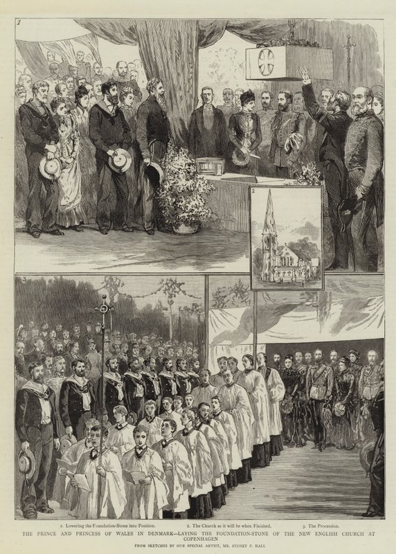 Prinsen og prinsessen av Wales i Danmark, legger grunnstenen til den nye engelske kirke i København av Sydney Prior Hall