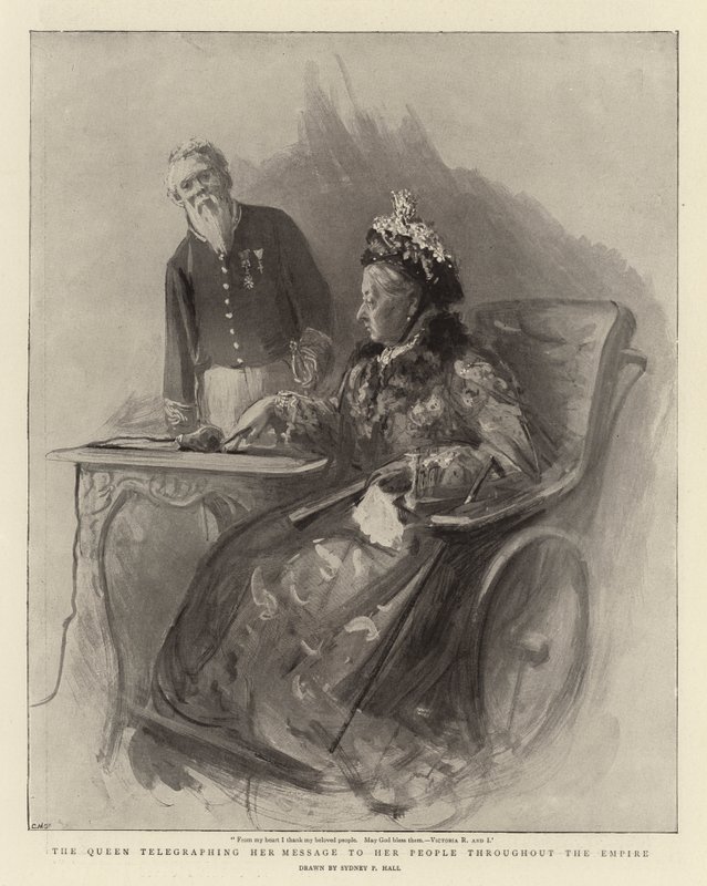 Dronningen telegraferer budskapet sitt til folket sitt i hele imperiet av Sydney Prior Hall