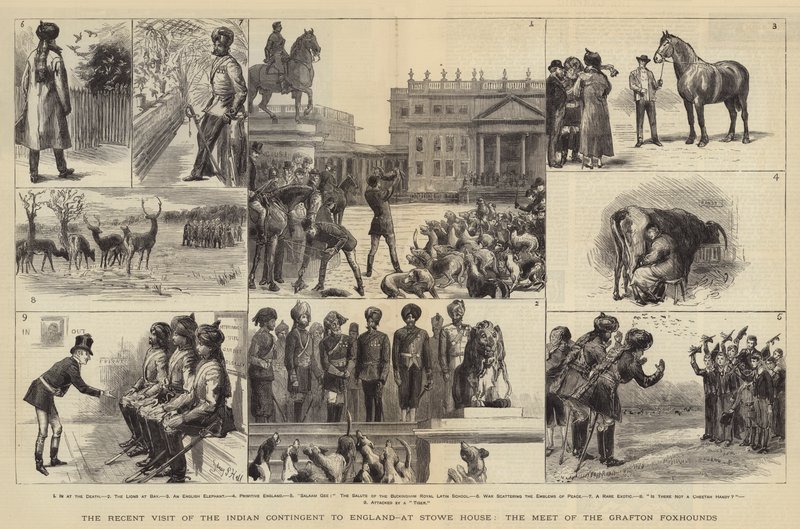 Det nylige besøket av den indiske kontingenten til England, ved Stowe House, Meet of the Grafton Foxhounds av Sydney Prior Hall
