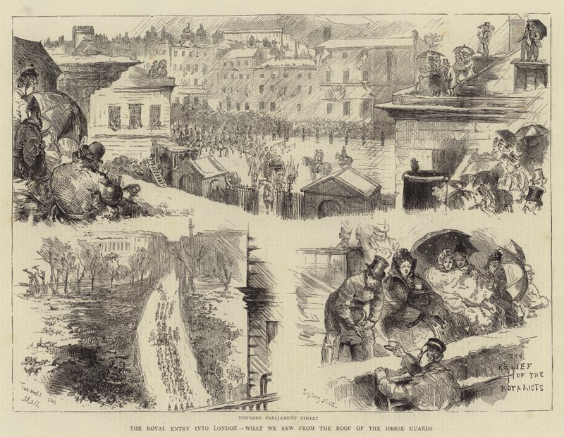The Royal Entry into London, Det vi så fra Hestevaktens tak av Sydney Prior Hall