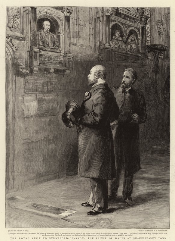 Det kongelige besøket til Stratford-on-Avon, prinsen av Wales ved Shakespeares grav av Sydney Prior Hall