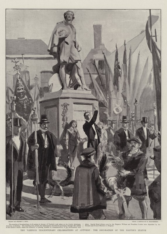 Vandyck Jubileumsfeiringen i Antwerpen, dekorasjonen av Mesterens statue av Sydney Prior Hall