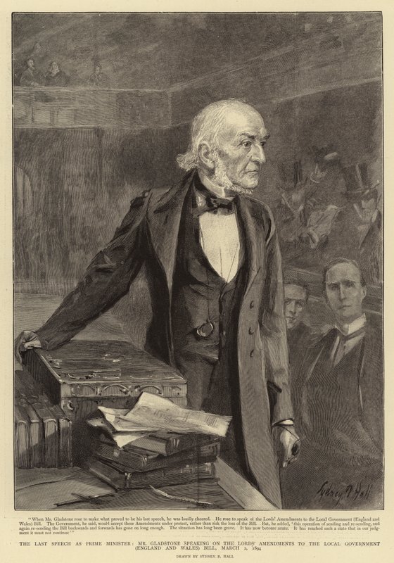 Den siste talen som statsminister, herr Gladstone som talte om Herrens endringer i lovforslaget om lokale myndigheter (England og Wales), 1. mars 1894 av Sydney Prior Hall