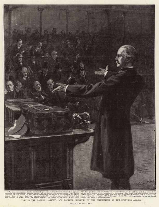 Dette er den kneblede nasjonen, herr Balfour som snakker om endringen av stående ordre av Sydney Prior Hall