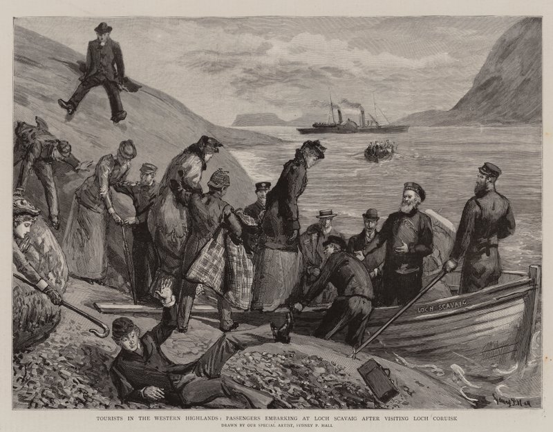 Turister i det vestlige høylandet, passasjerer som går om bord på Loch Scavaig etter å ha besøkt Loch Coruisk av Sydney Prior Hall