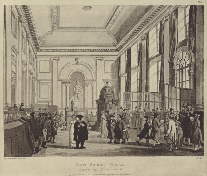 The Pay Hall, Bank of England, 1808 av T. and Pugin Rowlandson