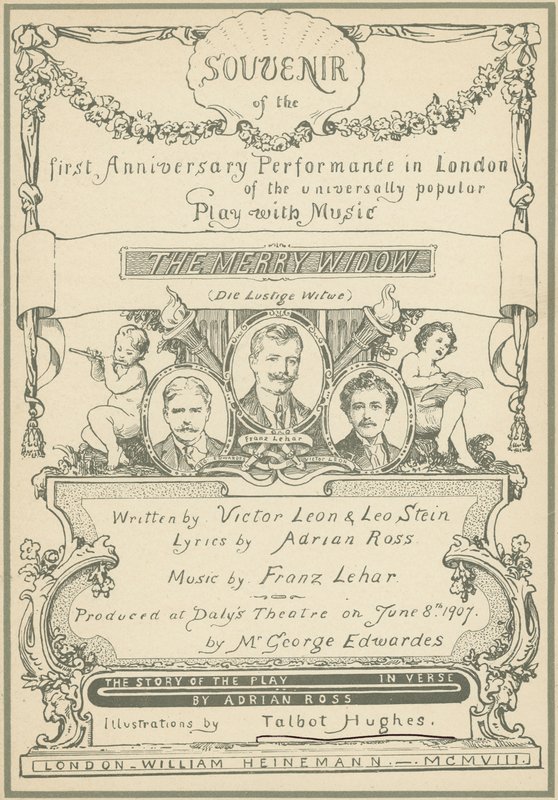 Tittelside av Souvenir fra den første jubileumsforestillingen i London av The Merry Widow (farge litho) av Talbot Hughes